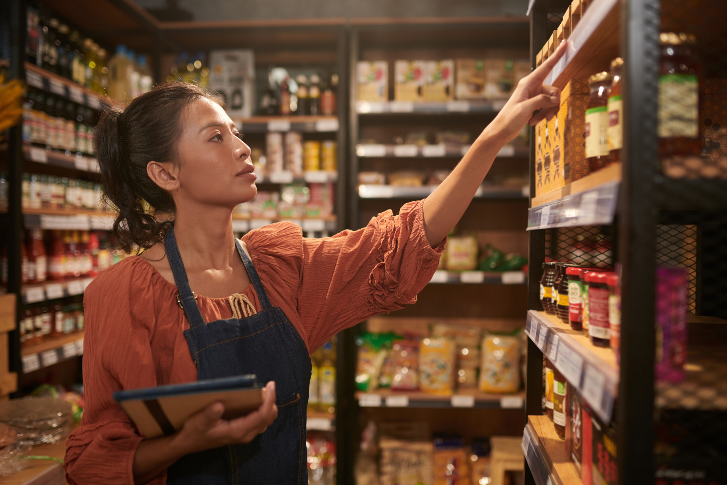 retail facilities manager inspecting lighting or store standards in modern supermarket or premium grocery store, tablet checklist, professional candid style