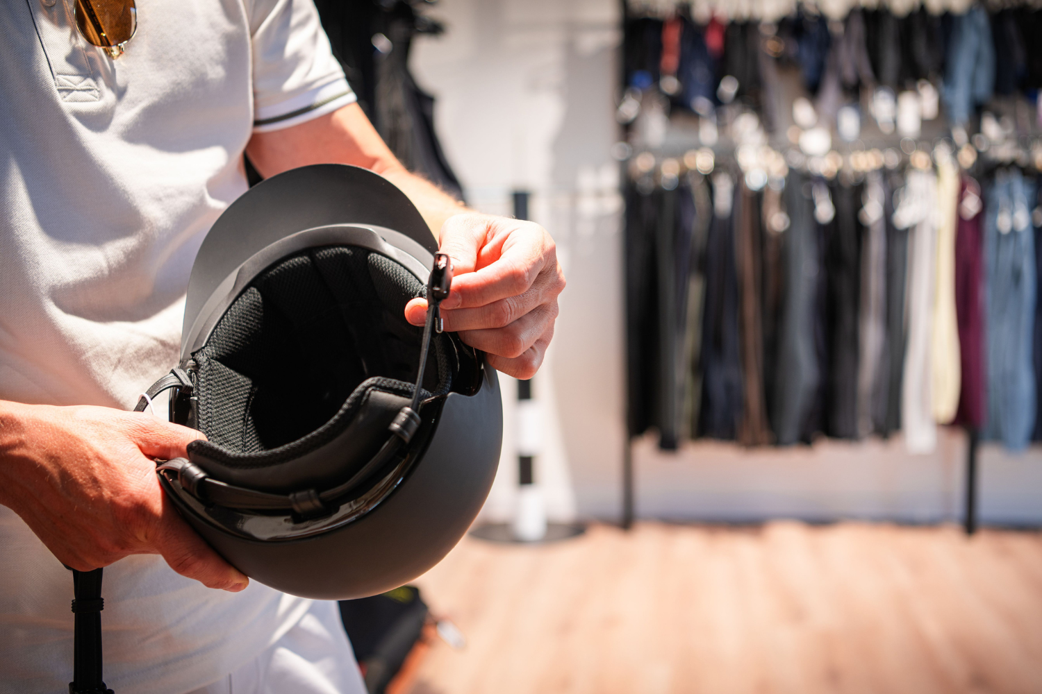 Helmet purchase at fashionable clothing store for equestrian